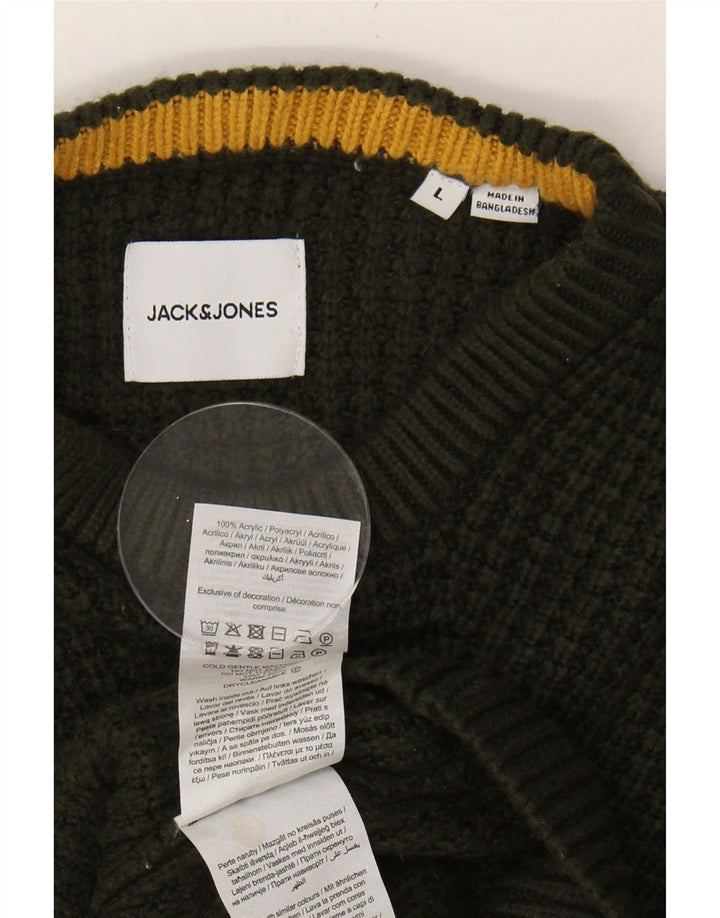 JACK & JONES Mens Boat Neck Jumper Sweater Large Khaki Acrylic Vintage Jack & Jones and Second-Hand Jack & Jones from Messina Hembry 