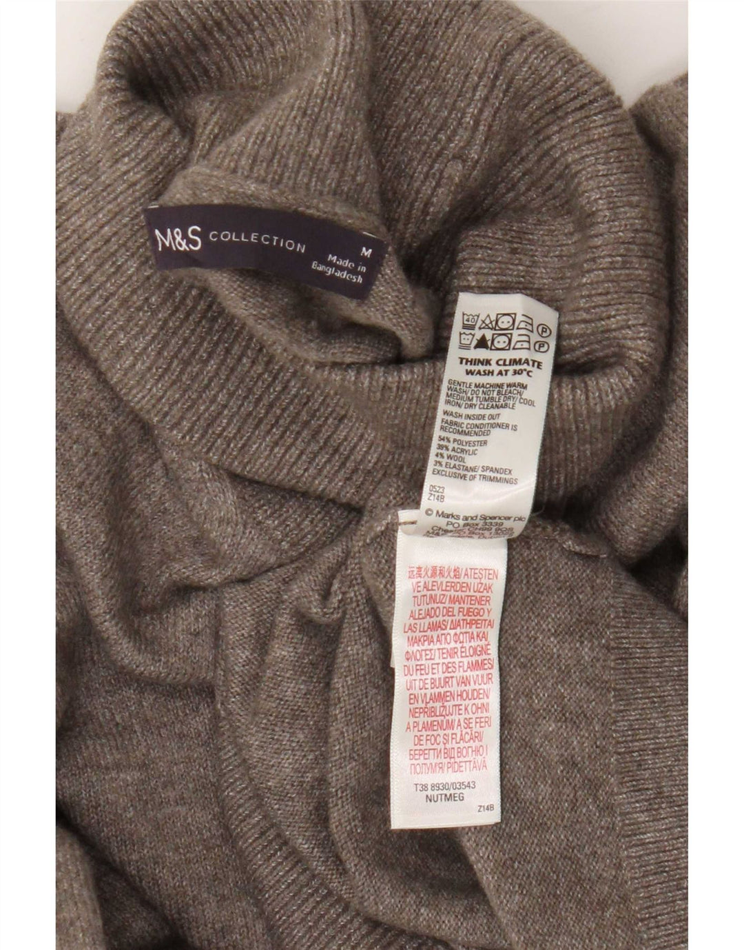Suéter masculino Marks & Spencer com gola redonda, poliéster marrom médio
