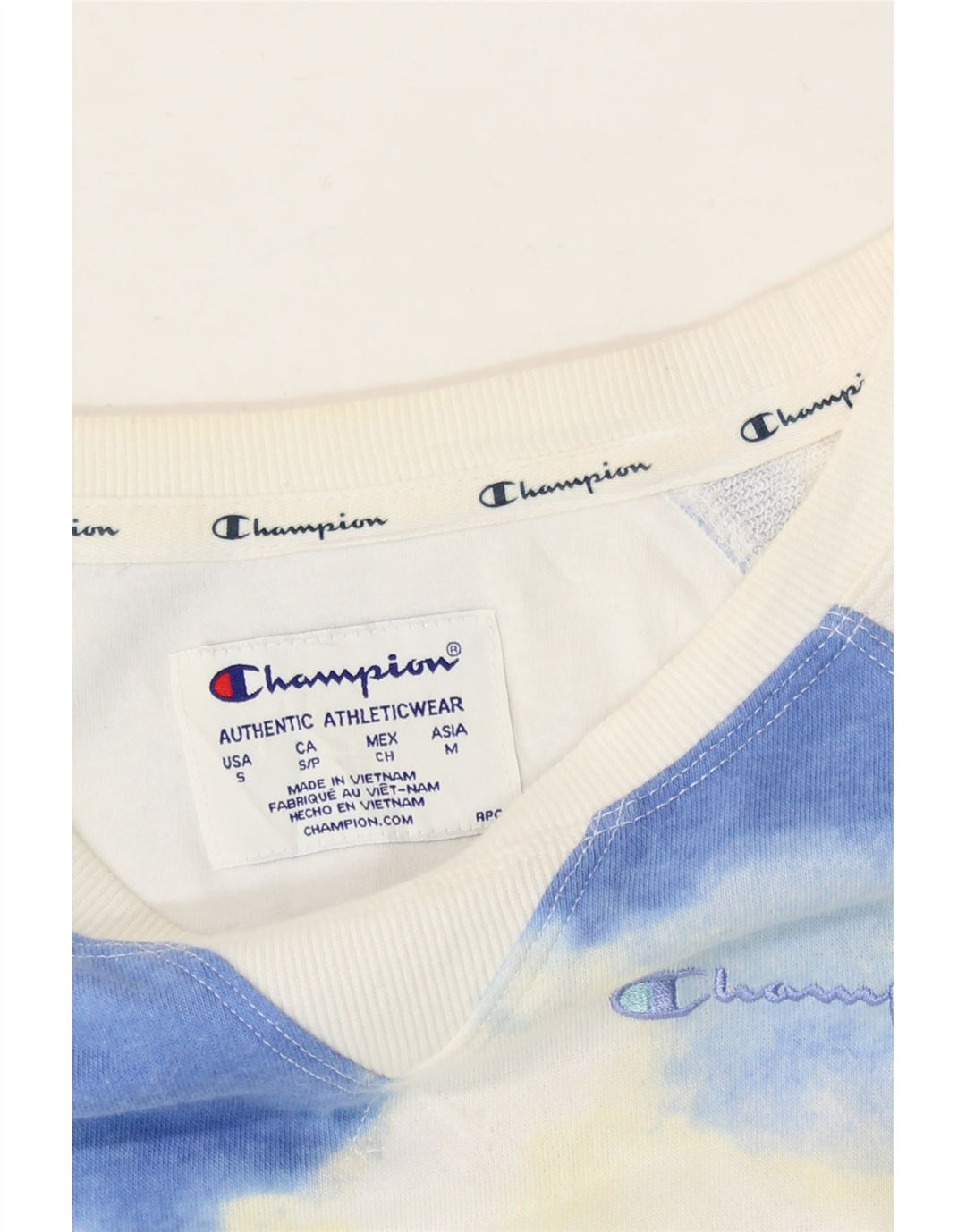 CHAMPION Womens Oversized Crop Sweatshirt Jumper UK 10 Small White Tie Dye Vintage Champion and Second-Hand Champion from Messina Hembry 