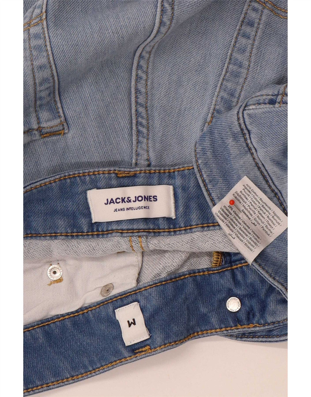 Shorts jeans masculinos Jack & Jones desgastados médio W32 algodão azul