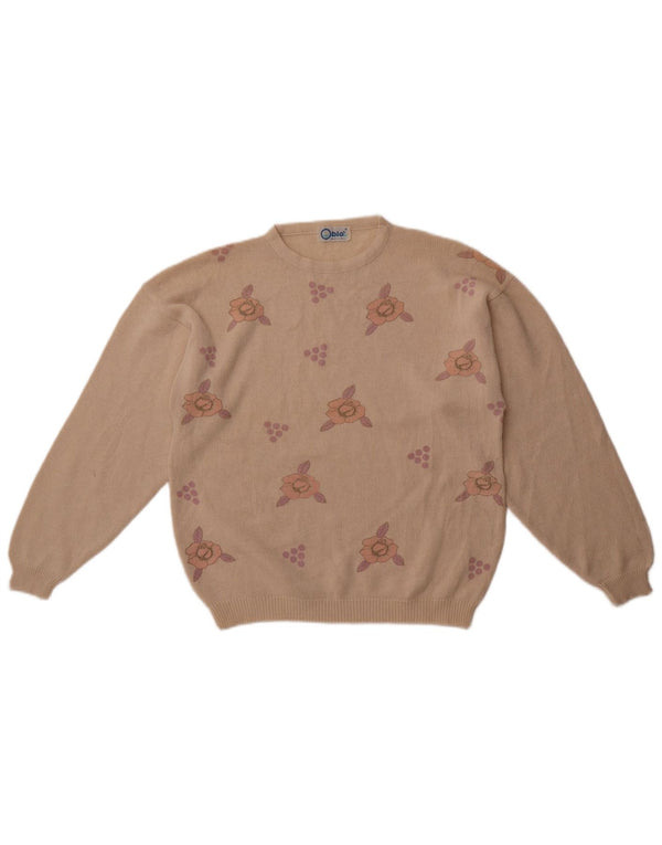 Suéter feminino vintage com gola redonda Reino Unido 14 algodão floral bege médio