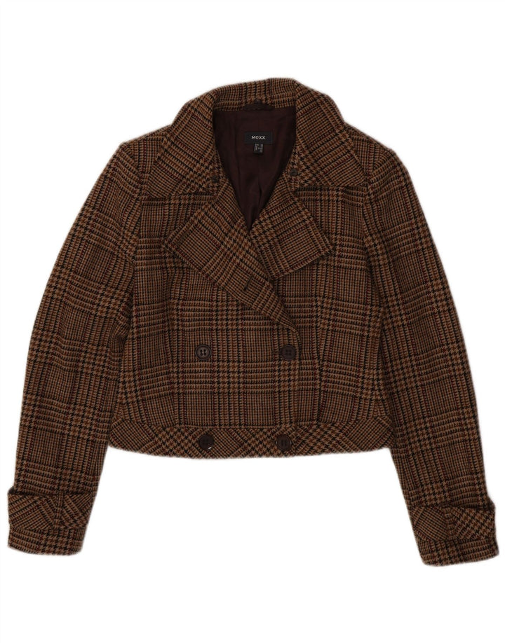 Casaco feminino Mexx Crop Pea UK 14 grande lã virgem marrom houndstooth