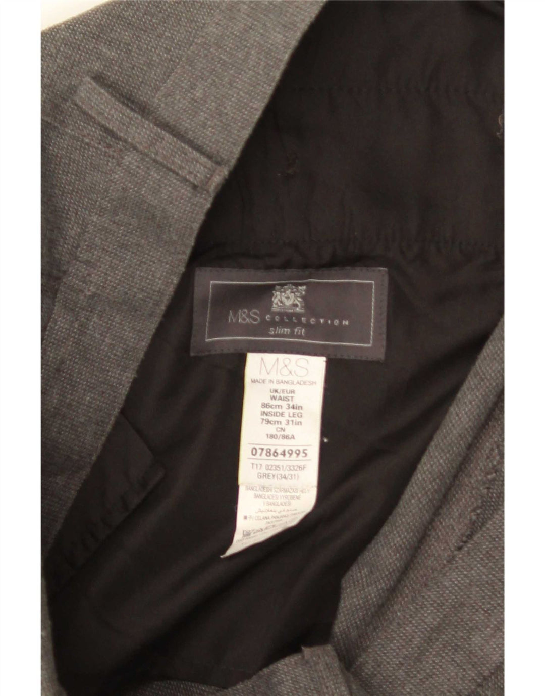 Calça masculina Marks & Spencer Slim Fit W34 L31 Cinza Poliéster