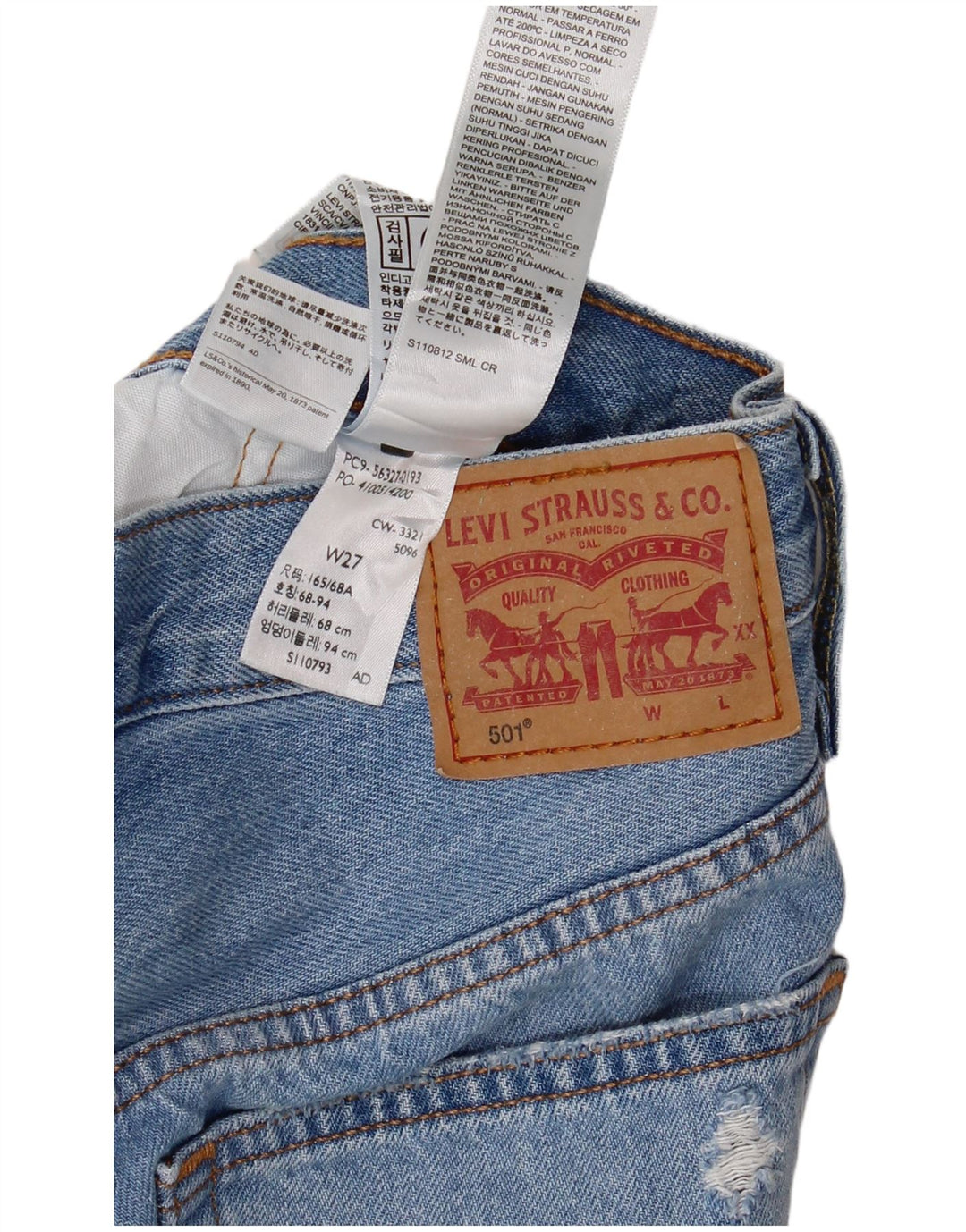 Shorts jeans feminino Levi's 501 desgastado W27 pequeno algodão azul