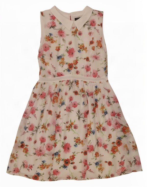 Vestido feminino Zara Trafaluc sem mangas evasê UK 12 médio branco floral