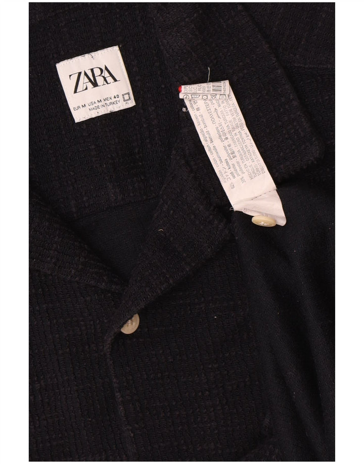 Camisa masculina de flanela de manga curta Zara algodão azul marinho médio