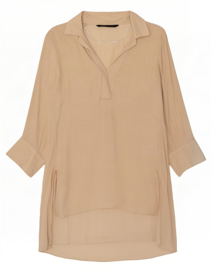 Vestido camisa oversized de manga comprida feminino Zara Reino Unido 10 pequeno poliéster bege