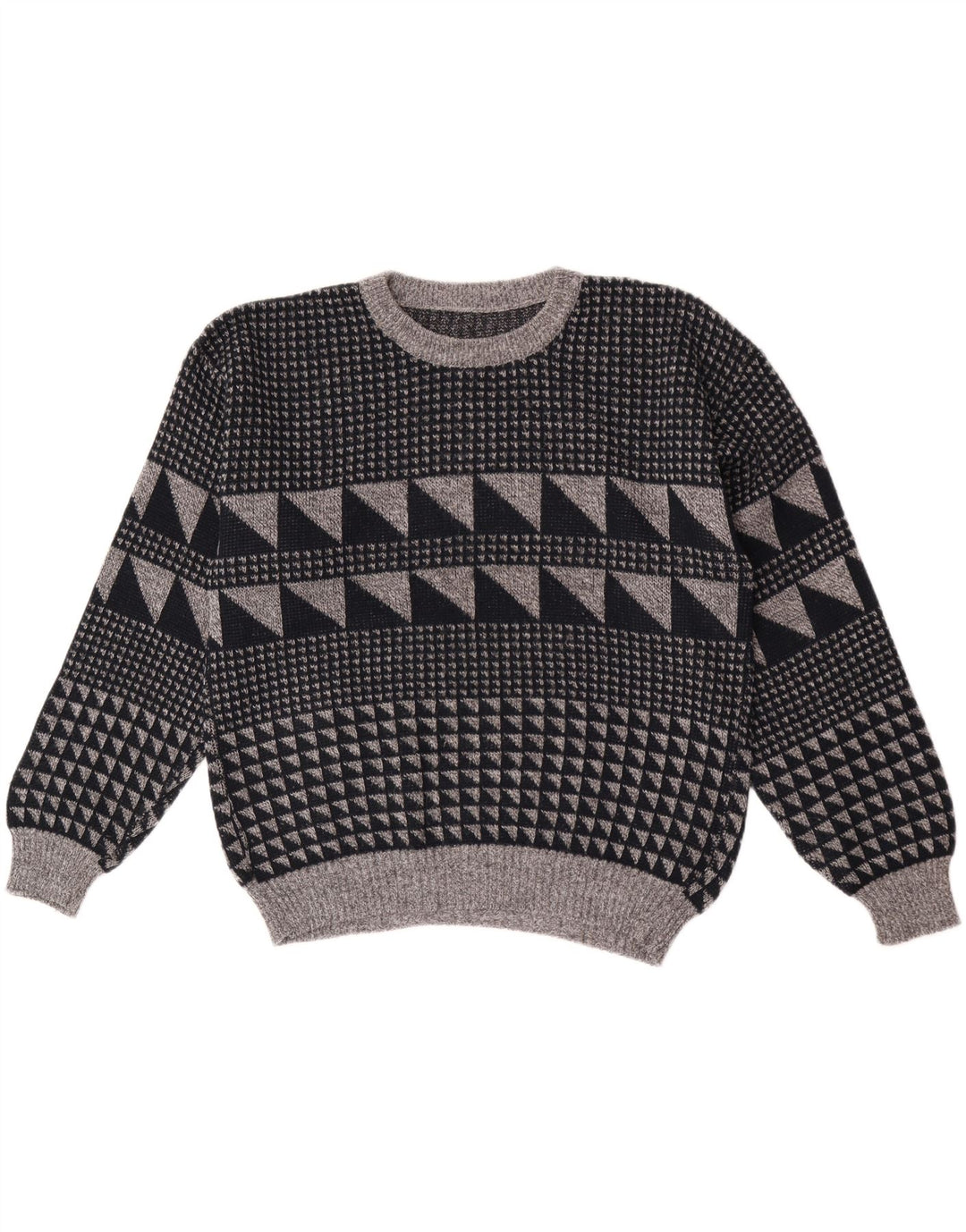 Suéter vintage masculino com gola redonda grande cinza geométrico