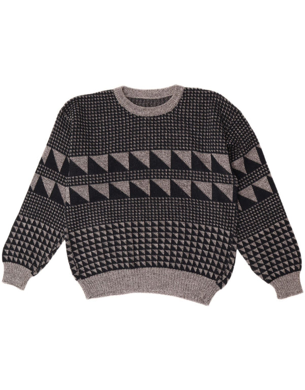 Suéter vintage masculino com gola redonda grande cinza geométrico