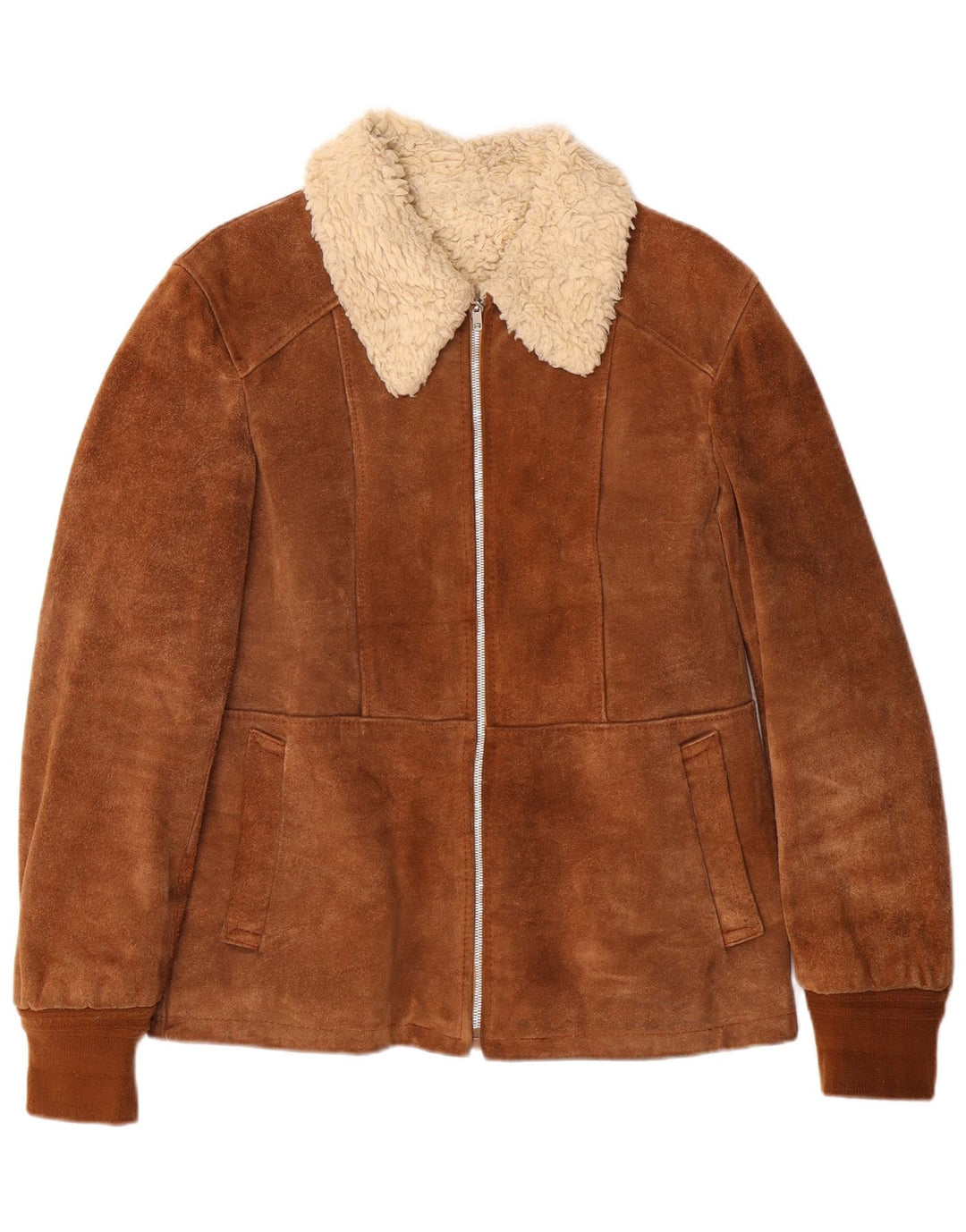 Jaqueta feminina VINTAGE de shearling IT 46 grande couro marrom