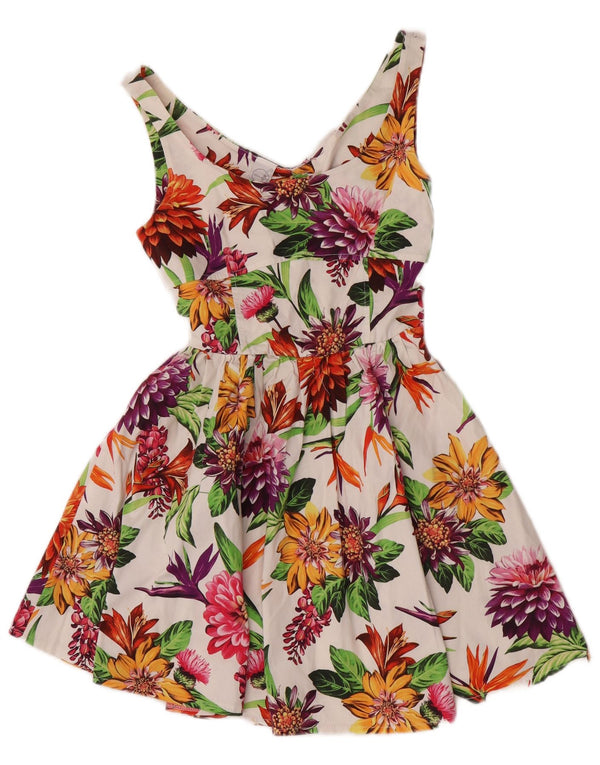 Vestido feminino vintage sem mangas swing UK 8 pequeno algodão floral branco