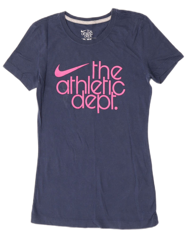 Camiseta Nike Feminina Slim Fit Graphic Top UK 8 Pequena Azul Marinho Algodão