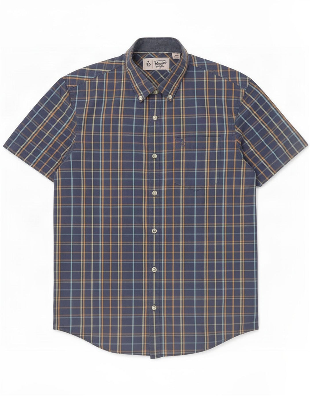 Camisa masculina de manga curta Penguin de algodão xadrez azul médio