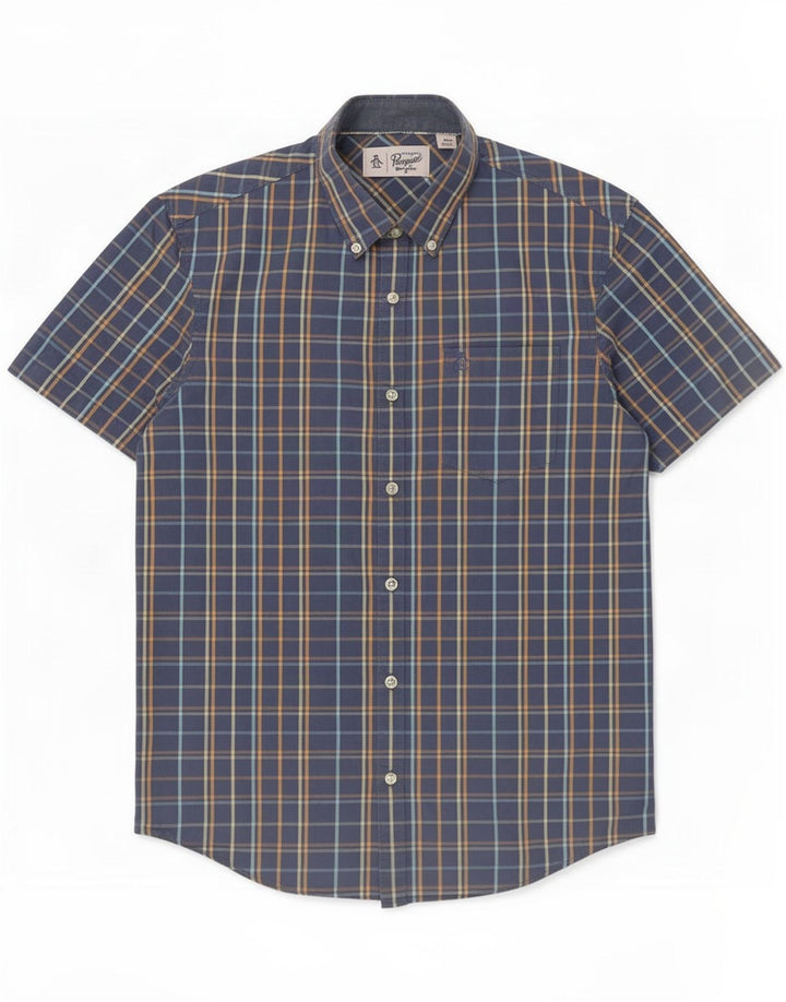 Camisa masculina de manga curta Penguin de algodão xadrez azul médio