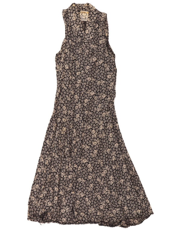 Vestido feminino vintage maxi halter UK 10 pequeno preto floral viscose