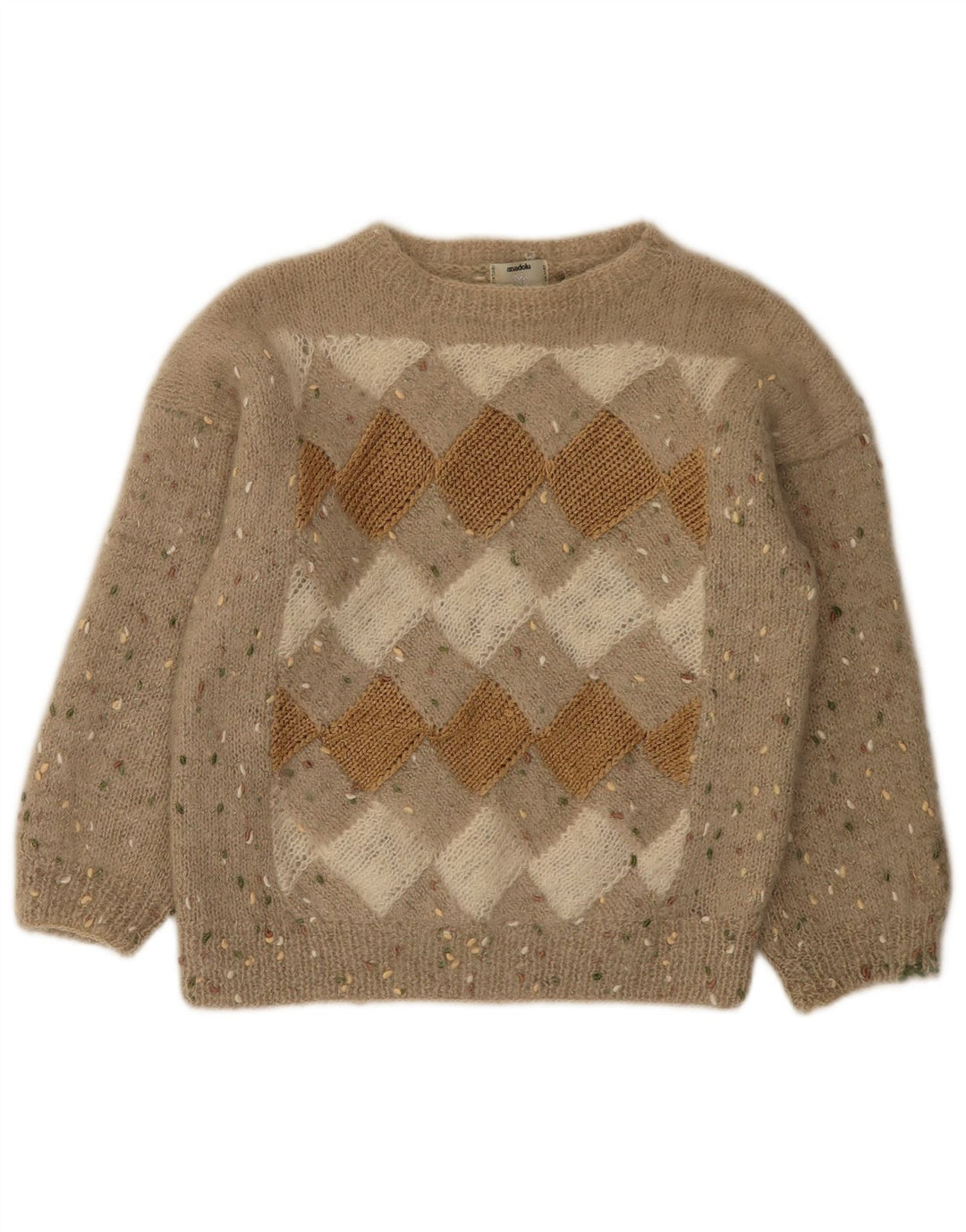 Suéter feminino vintage com gola canoa Reino Unido 12 Bege Médio Argyle/Diamante