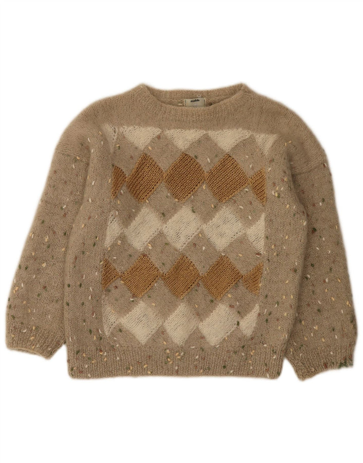 Suéter feminino vintage com gola canoa Reino Unido 12 Bege Médio Argyle/Diamante