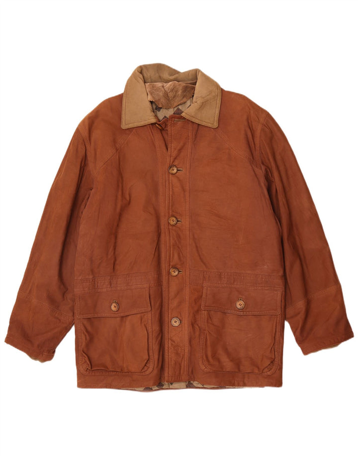 Jaqueta de couro masculina vintage IT 50 grande bloco colorido marrom