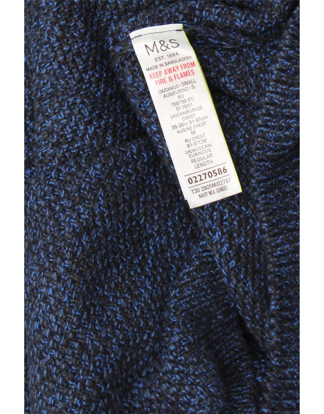 Suéter masculino Marks & Spencer com gola redonda e algodão manchado azul pequeno