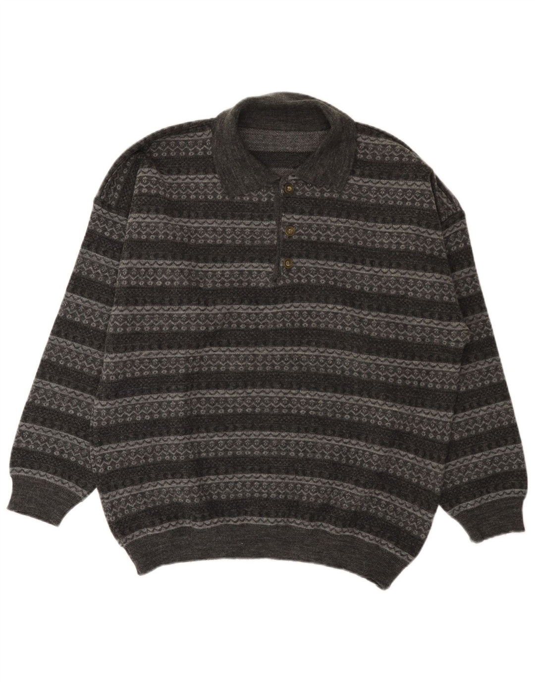 Suéter masculino vintage com gola polo grande listrado cinza