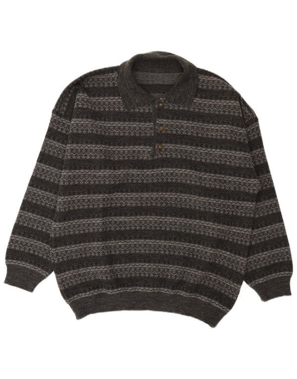 Suéter masculino vintage com gola polo grande listrado cinza