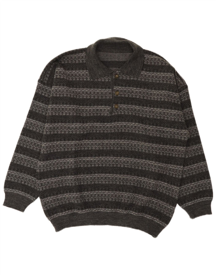 Suéter masculino vintage com gola polo grande listrado cinza