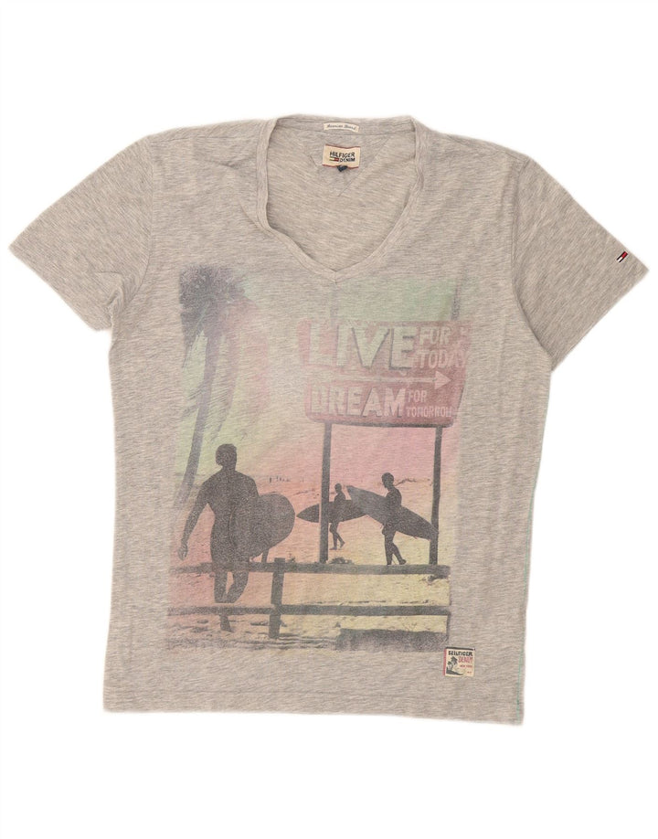 Camiseta masculina Tommy Hilfiger com estampa gráfica cinza médio poliéster manchado