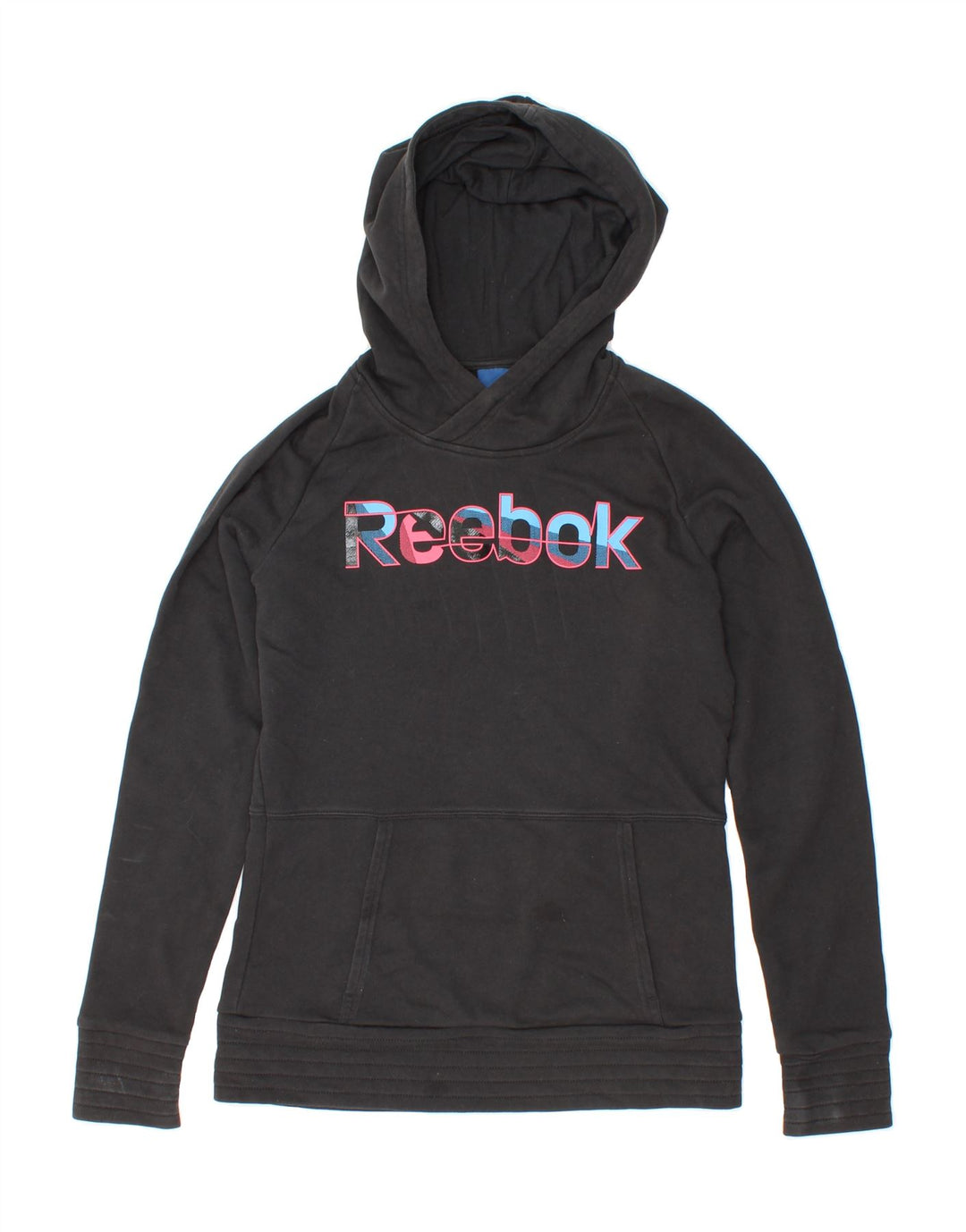REEBOK Womens Graphic Hoodie Jumper UK 12 Medium Black Cotton Vintage Reebok and Second-Hand Reebok from Messina Hembry 