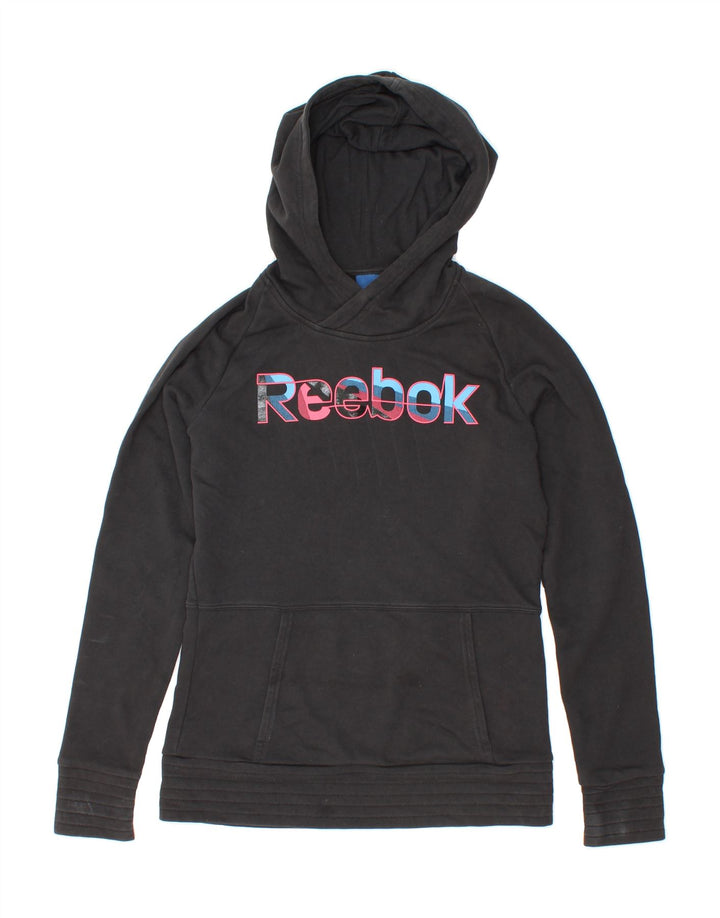 REEBOK Womens Graphic Hoodie Jumper UK 12 Medium Black Cotton Vintage Reebok and Second-Hand Reebok from Messina Hembry 