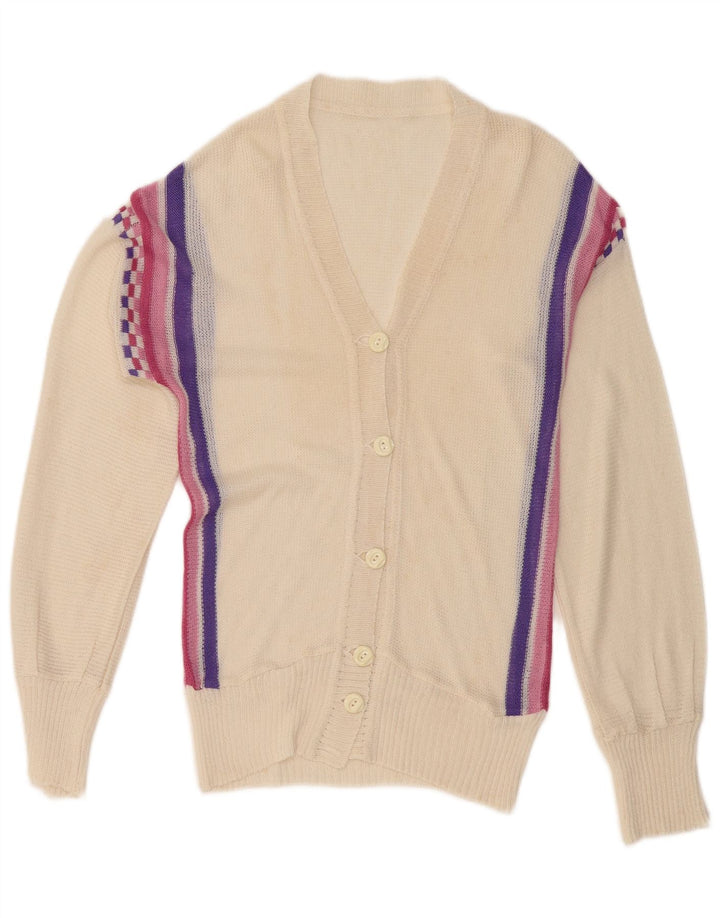 Suéter cardigã feminino vintage Reino Unido 12 listrado branco médio