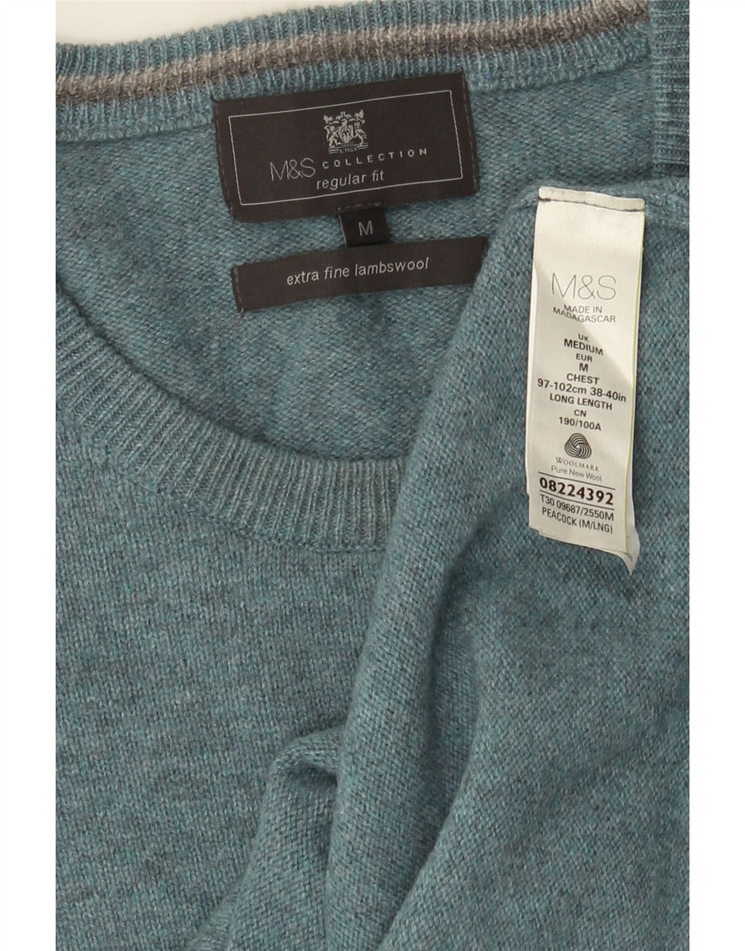 Suéter masculino Marks & Spencer com gola redonda, médio azul manchado
