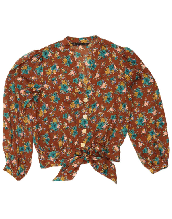 Blusa feminina Zara UK 10 pequena marrom floral poliéster