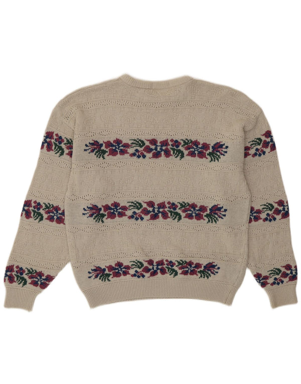 Suéter feminino vintage com gola redonda Reino Unido 16 grande acrílico floral bege