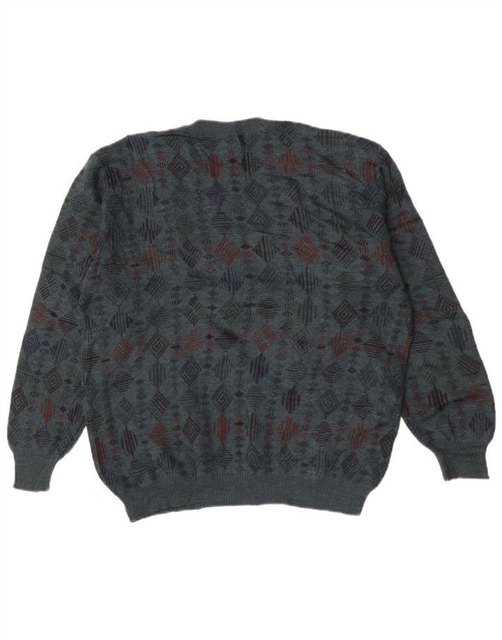 Suéter vintage masculino com gola redonda, lã virgem geométrica azul média