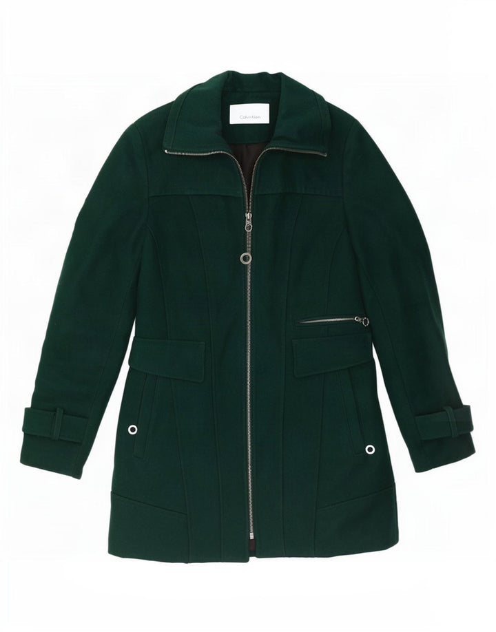 Casaco trench feminino Calvin Klein UK 10 pequeno verde lã clássico