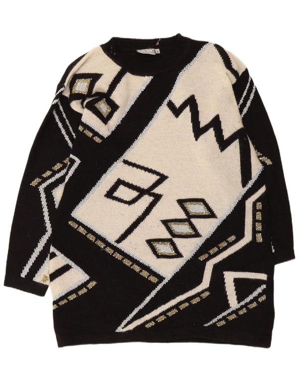 Vestido feminino vintage UK 16 grande lã de cordeiro geométrica preta