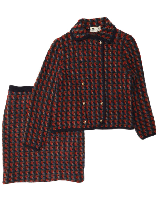 Conjunto de saia feminina vintage de malha de 2 peças Reino Unido 14 médio W28 vermelho houndstooth