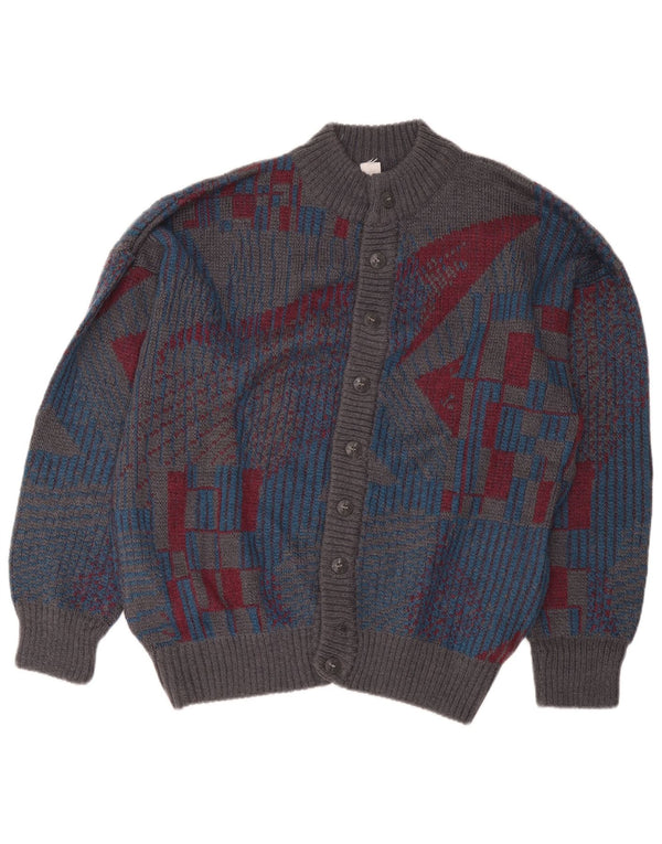 Suéter cardigã masculino vintage IT 54 XL lã geométrica cinza