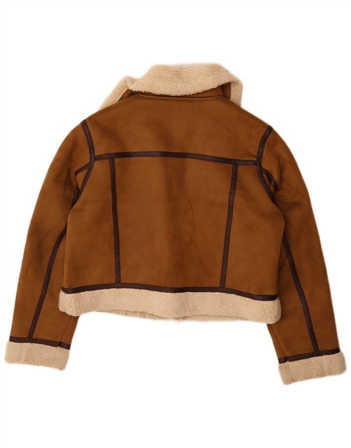Zara Womens Sherpa Jacket UK 16 Grande Poliéster Marrom