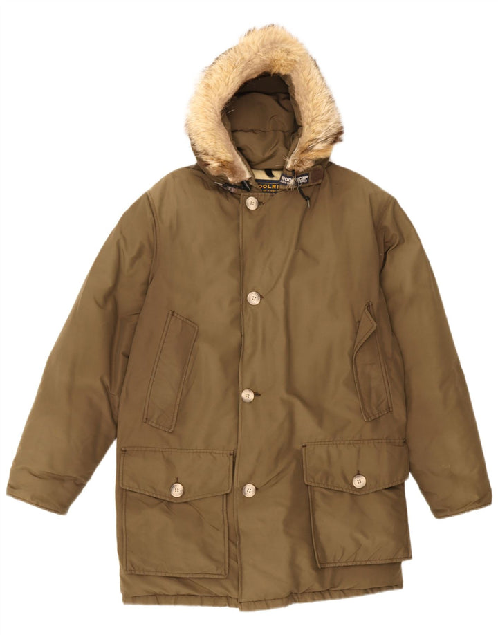 Casaco acolchoado com capuz masculino Woolrich UK 36 pequeno cáqui