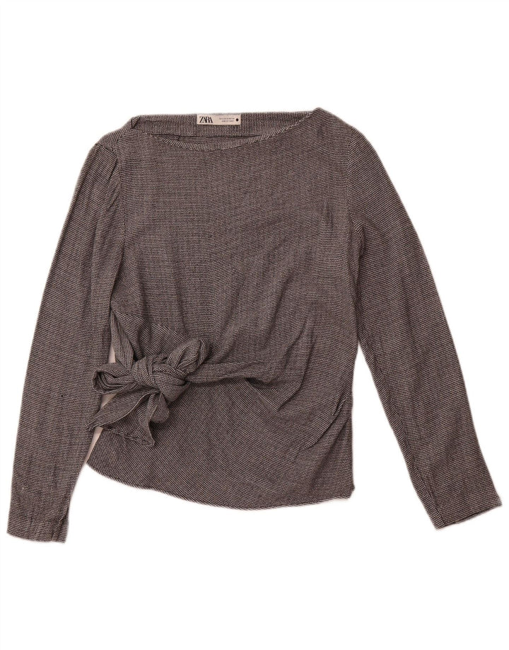 Blusa feminina de manga comprida ZARA UK 12 viscose Houndstooth cinza médio