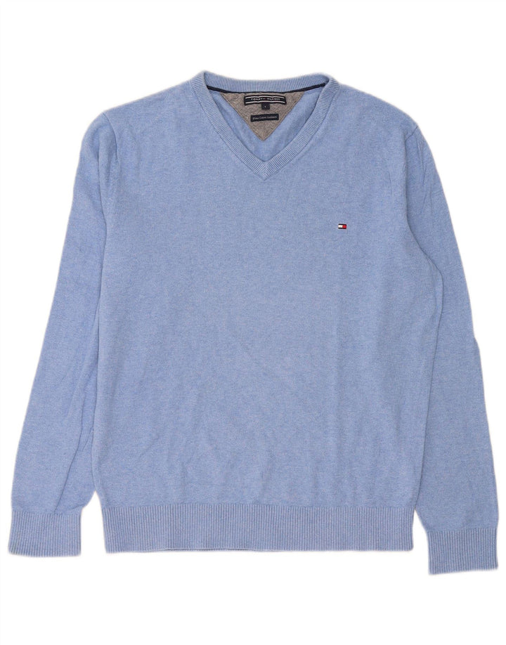 Suéter masculino Tommy Hilfiger com decote em V grande algodão azul