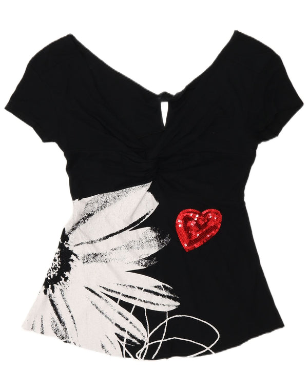 Blusa feminina Desigual com estampa gráfica UK 8 pequeno coração floral preto