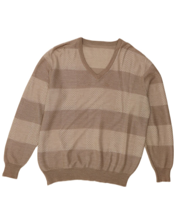 Suéter masculino vintage com decote em V IT 56 XL acrílico listrado marrom