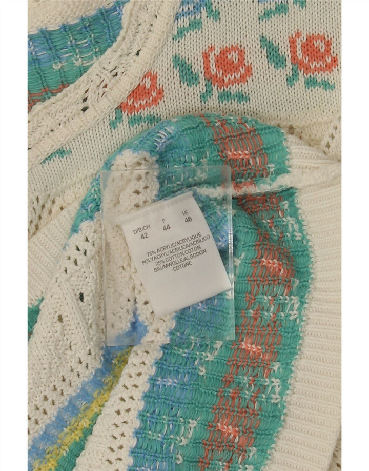 Suéter feminino VINTAGE com gola canoa IT 46 acrílico floral branco grande