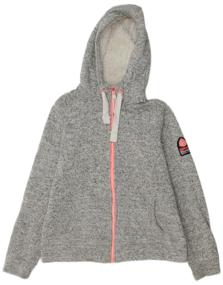 Suéter feminino Superdry com capuz e zíper Reino Unido 16 grande poliéster manchado cinza