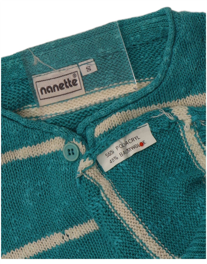 Suéter feminino Nanette com gola redonda e botão UK 10 pequeno listrado turquesa