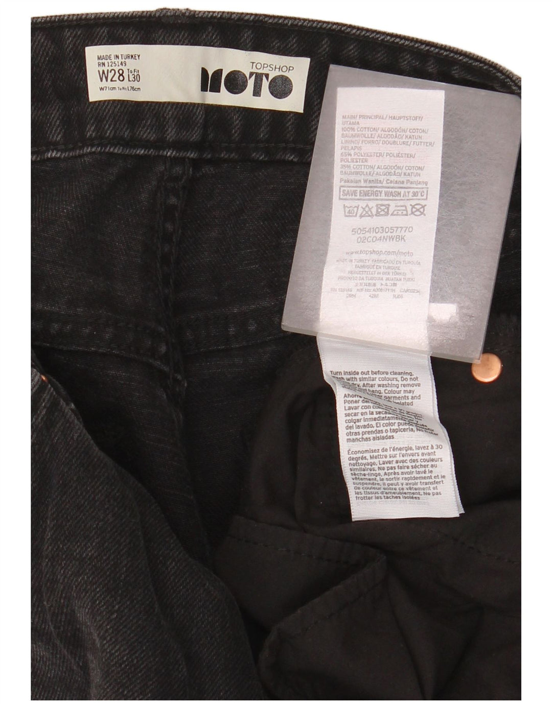 Jeans feminino de perna larga TOPSHOP W28 L23 poliéster preto