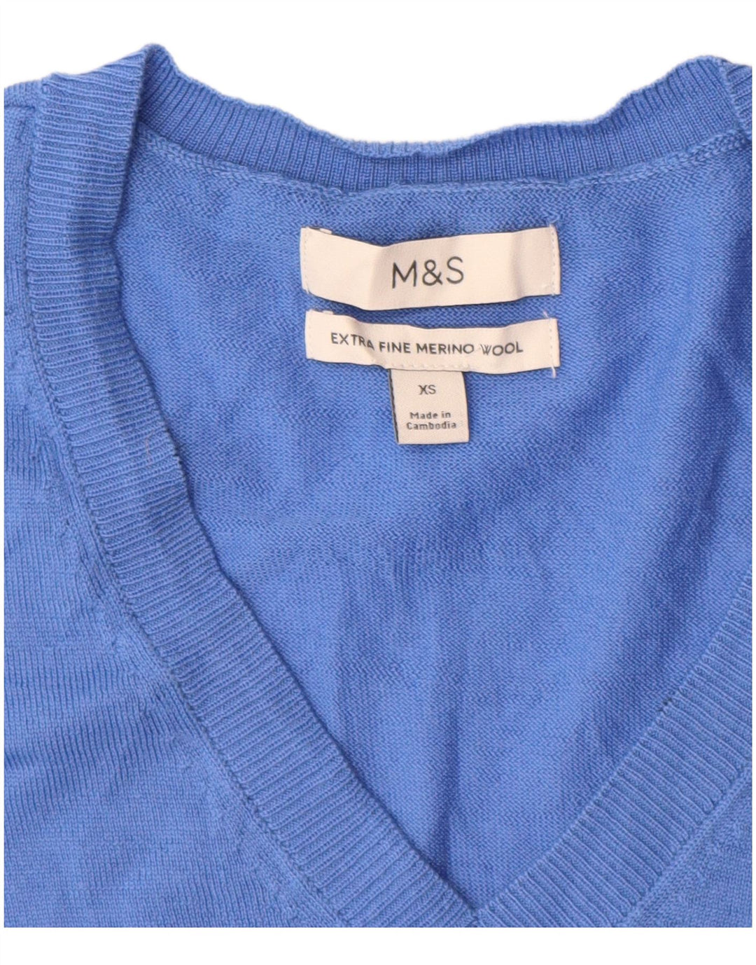 Suéter feminino Marks & Spencer com decote em V Reino Unido 6 XS azul lã merino