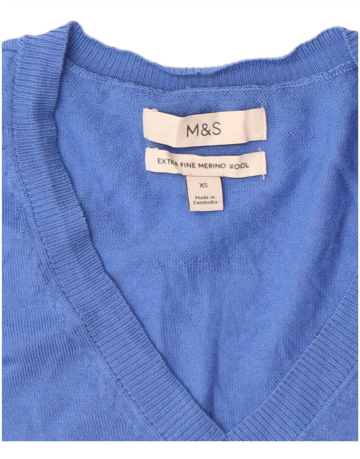 Suéter feminino Marks & Spencer com decote em V Reino Unido 6 XS azul lã merino
